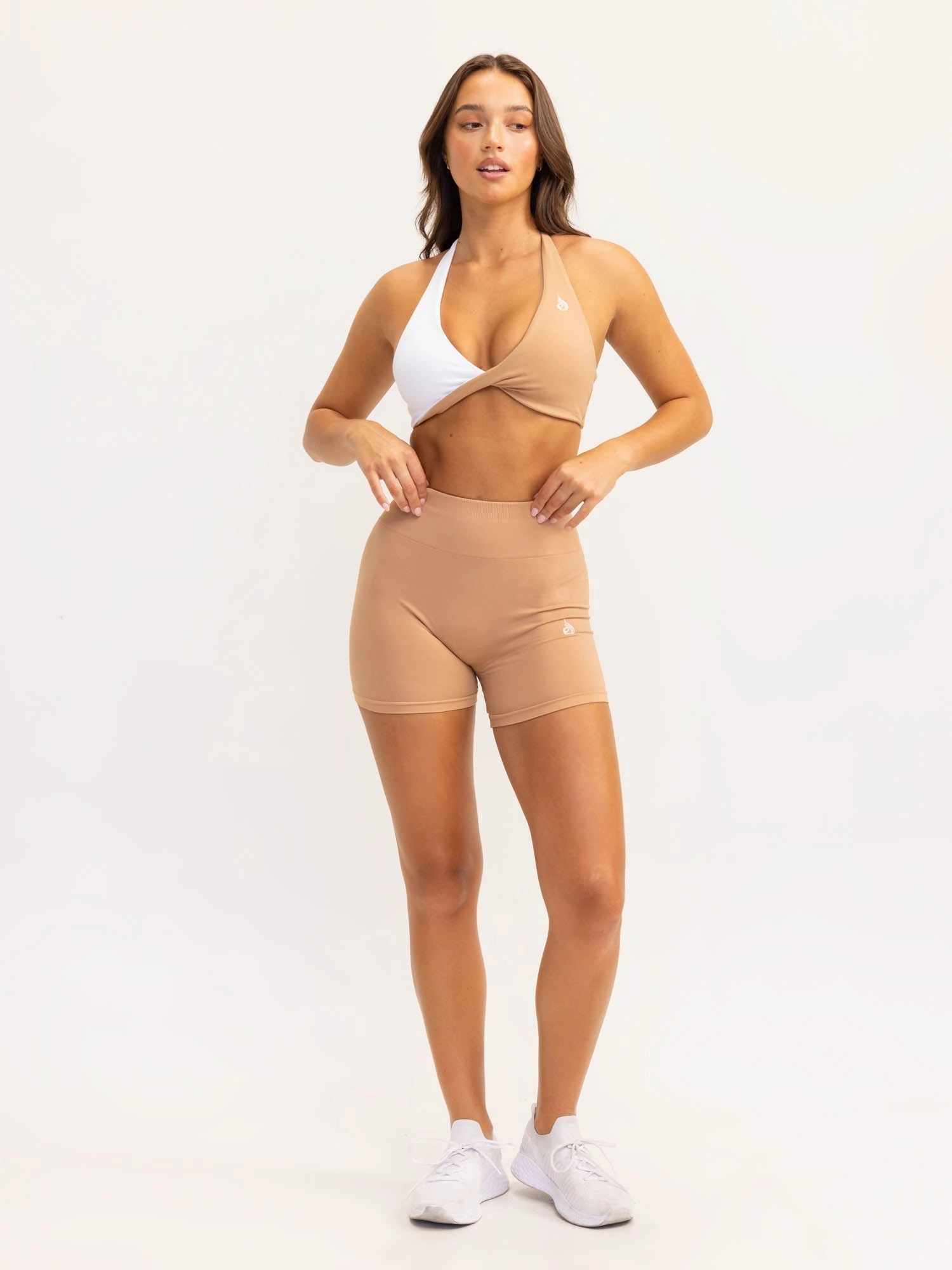 Duo Halter Twist Sports Bra - White/Tan