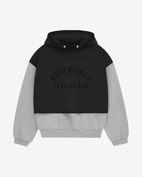 FOG ESSENTIALS FW24 LAYERED NYLON FLEECE HOODIE JET BLACK / LIGHT HEATHER