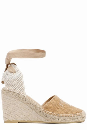 Prada Logo Embroidered Round Toe Wedge Sandals