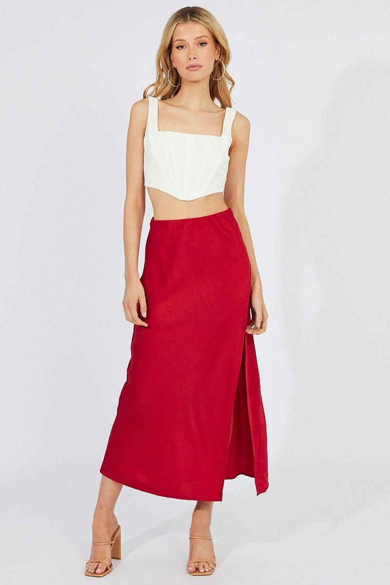 Red Slip Skirt Front Split Satin